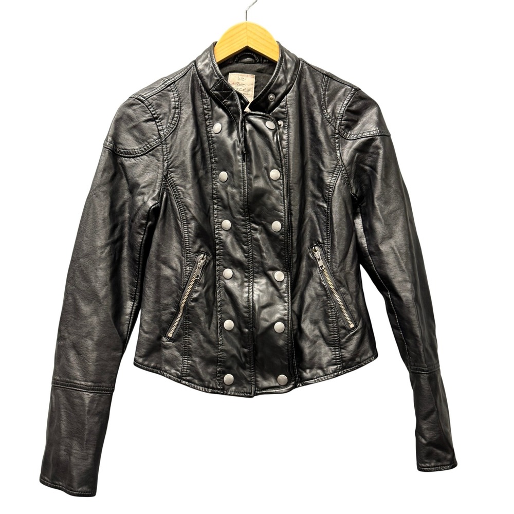 We The Free‎ Vegan Faux Leather Jacket Womens XS Moto Black Biker Full Zip Snap